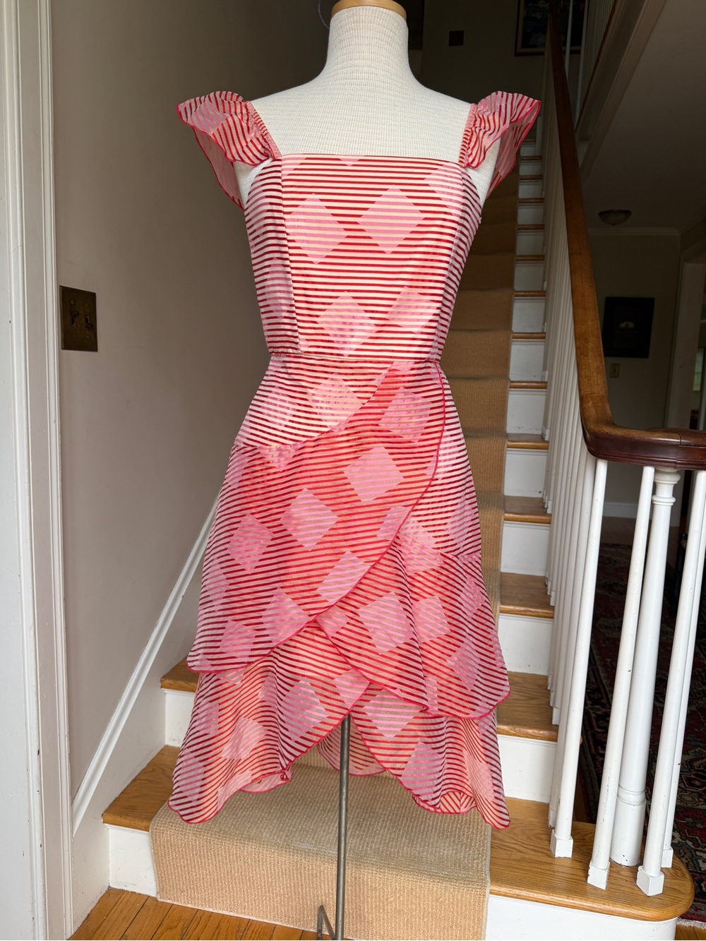 Alice + Olivia Red and Pink Striped Ruffled Sundress